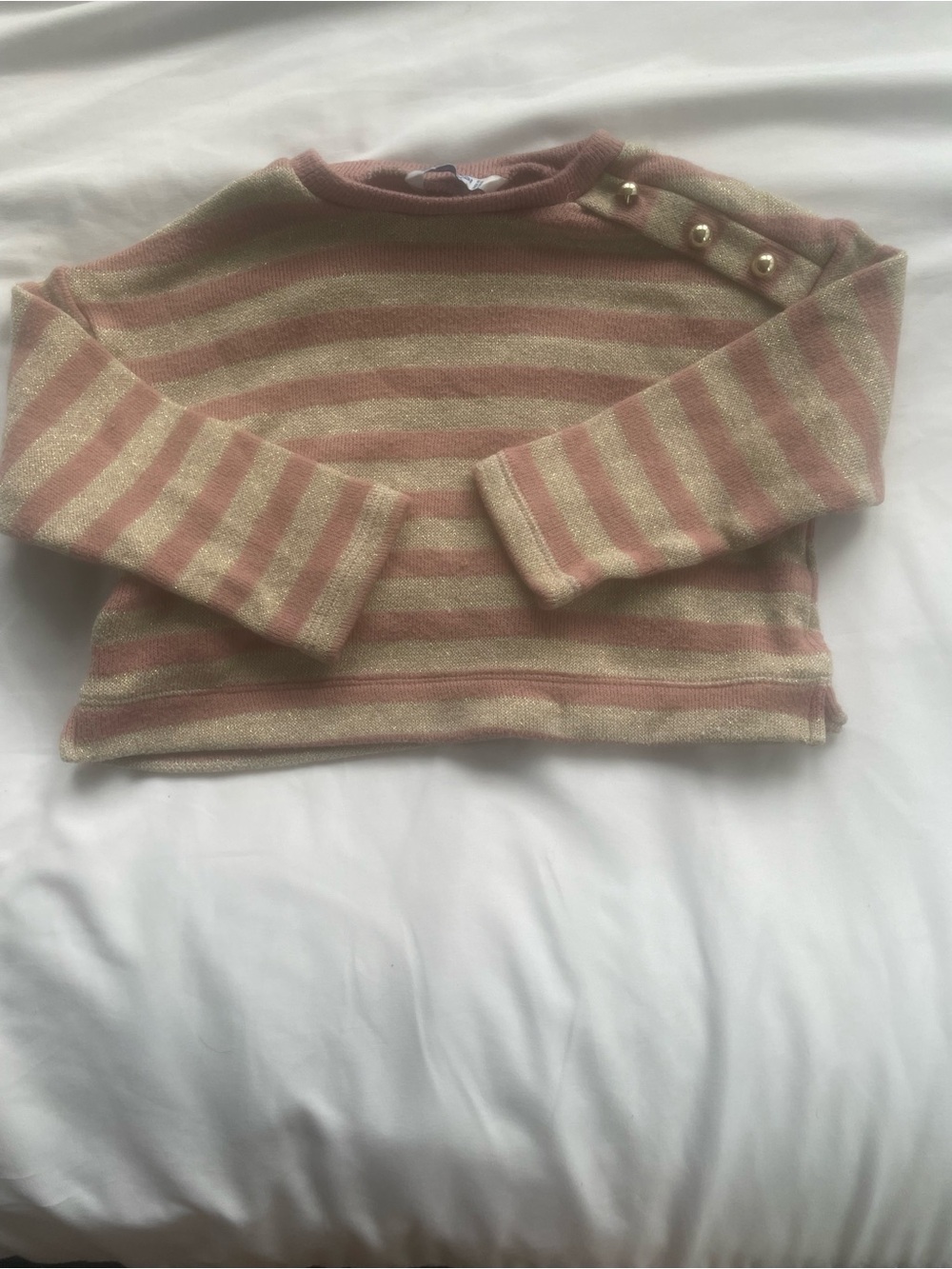 Striped Pink and Cream Knit Sweater with Button Shoulder